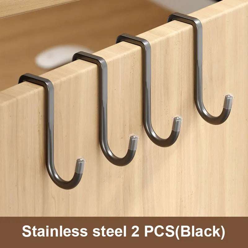 201 Stainless Steel Hook Punching Double S-shape Kitchen Bathroom Qme 201-Black 2pcs