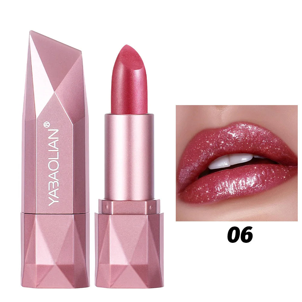 Diamond Shine Lipstick, Pearlescent Golden Lipstick with Fine Glitter, High Gloss Hydrating Long Lasting & Non-Drying Lip Makeup Qme 06