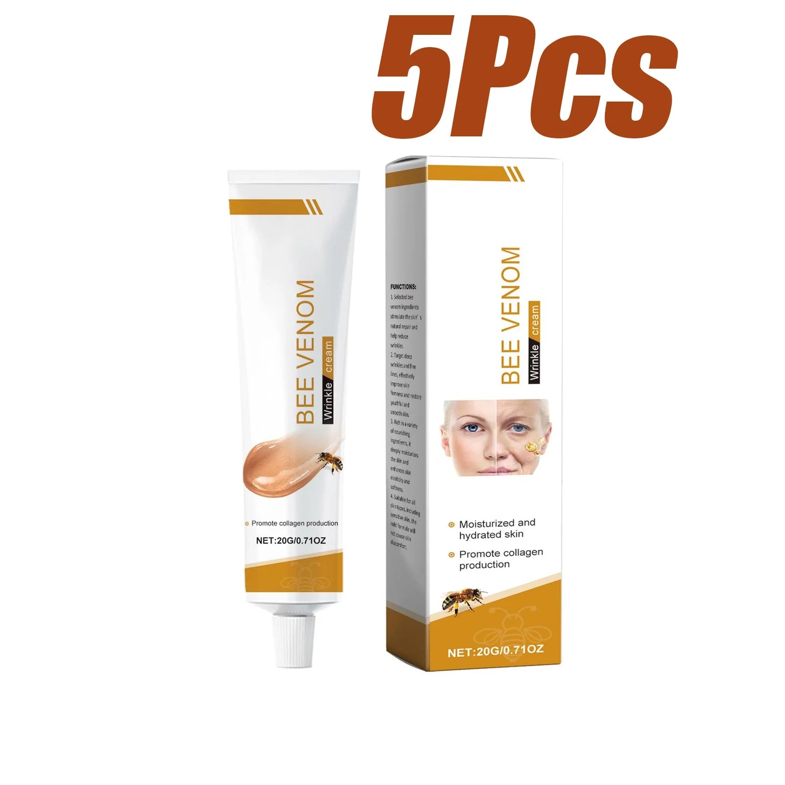Bee Venom Wrinkle Removal Cream Firming Lifting Facial Moisturizing Deep Hydration Smoothing Fine Lines Anti Aging Face Cream Qme 5 x 20g Boxed