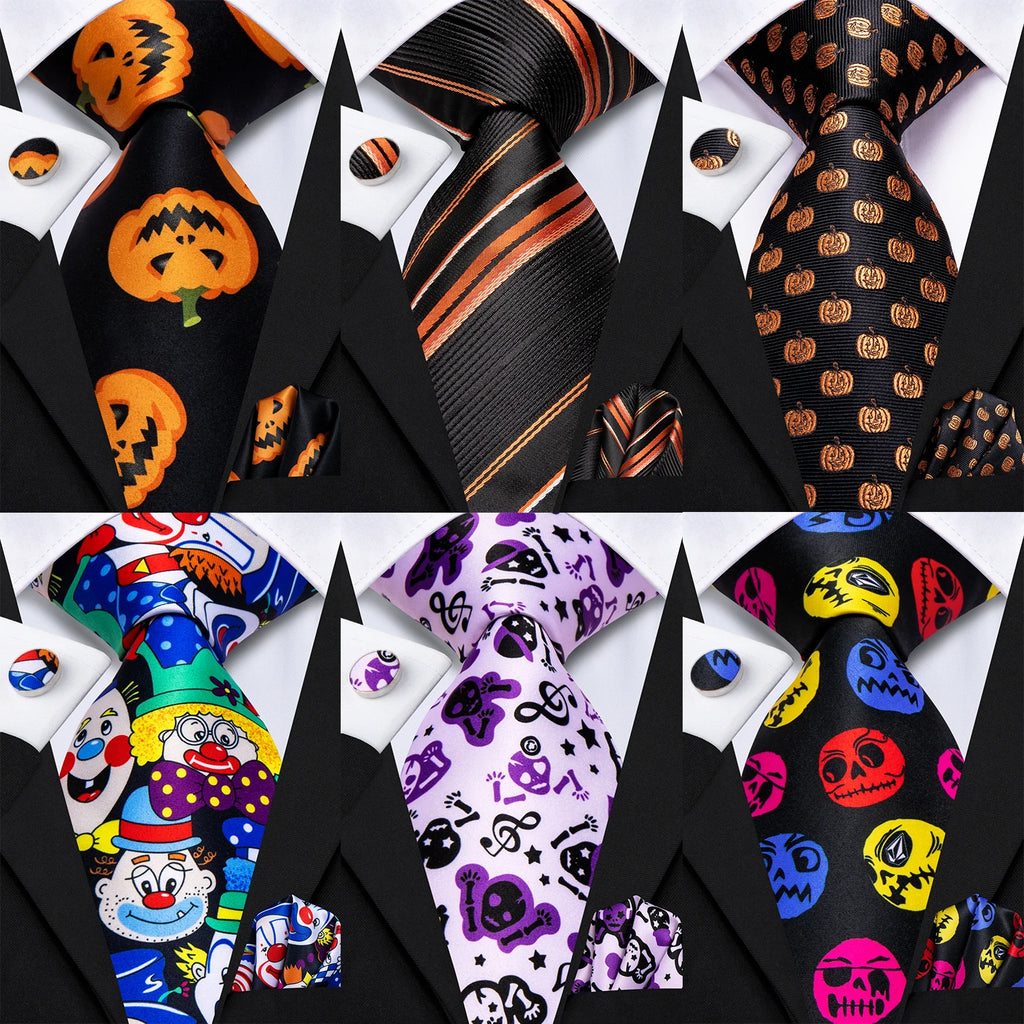 Hi-Tie Halloween Ties for Men Funny Necktie Thanksgiving Tie Handkerchief Cufflinks Gift for Men Gravats Novelty Designer Qme