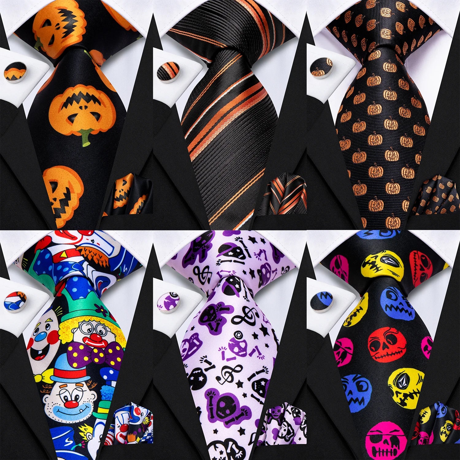 Hi-Tie Halloween Ties for Men Funny Necktie Thanksgiving Tie Handkerchief Cufflinks Gift for Men Gravats Novelty Designer Qme