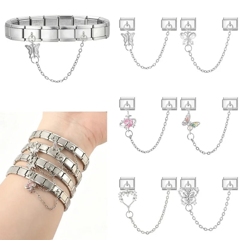 Zircon Heart Planet Butterfly Peach Tassel Chain Italian Charm Links Fit 9MM Stainless Steel Bracelet Women DIY Making Jewelry Qme