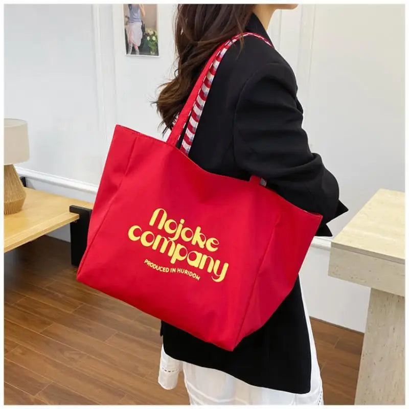 Cute Large Capacity Red Canvas Tote Bag Perfect For Commuting School Shopping Outings Qme