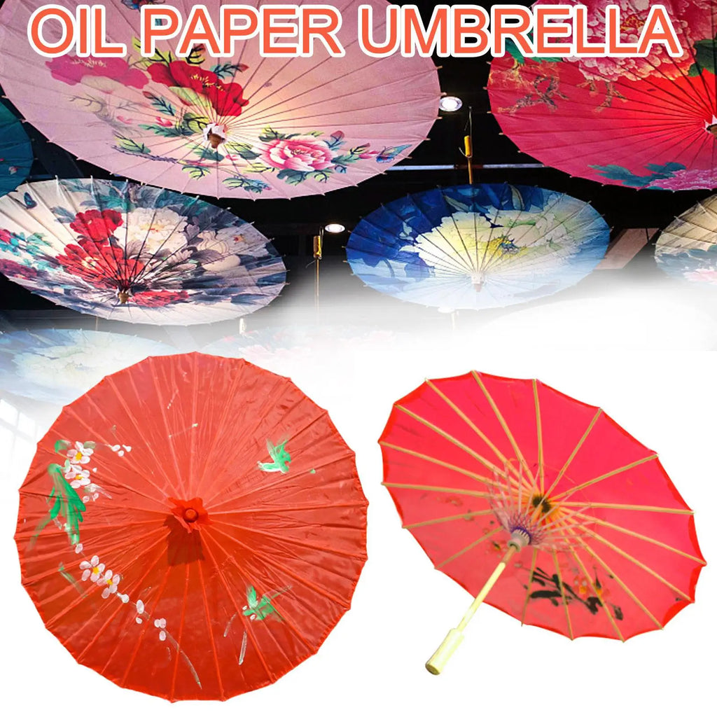 Vintage Chinese Silk Oil Paper Umbrella Red Flower Oil Paper Umbrella Bamboo Handle Wedding Decor Photo Parasol Dance Props Red Qme