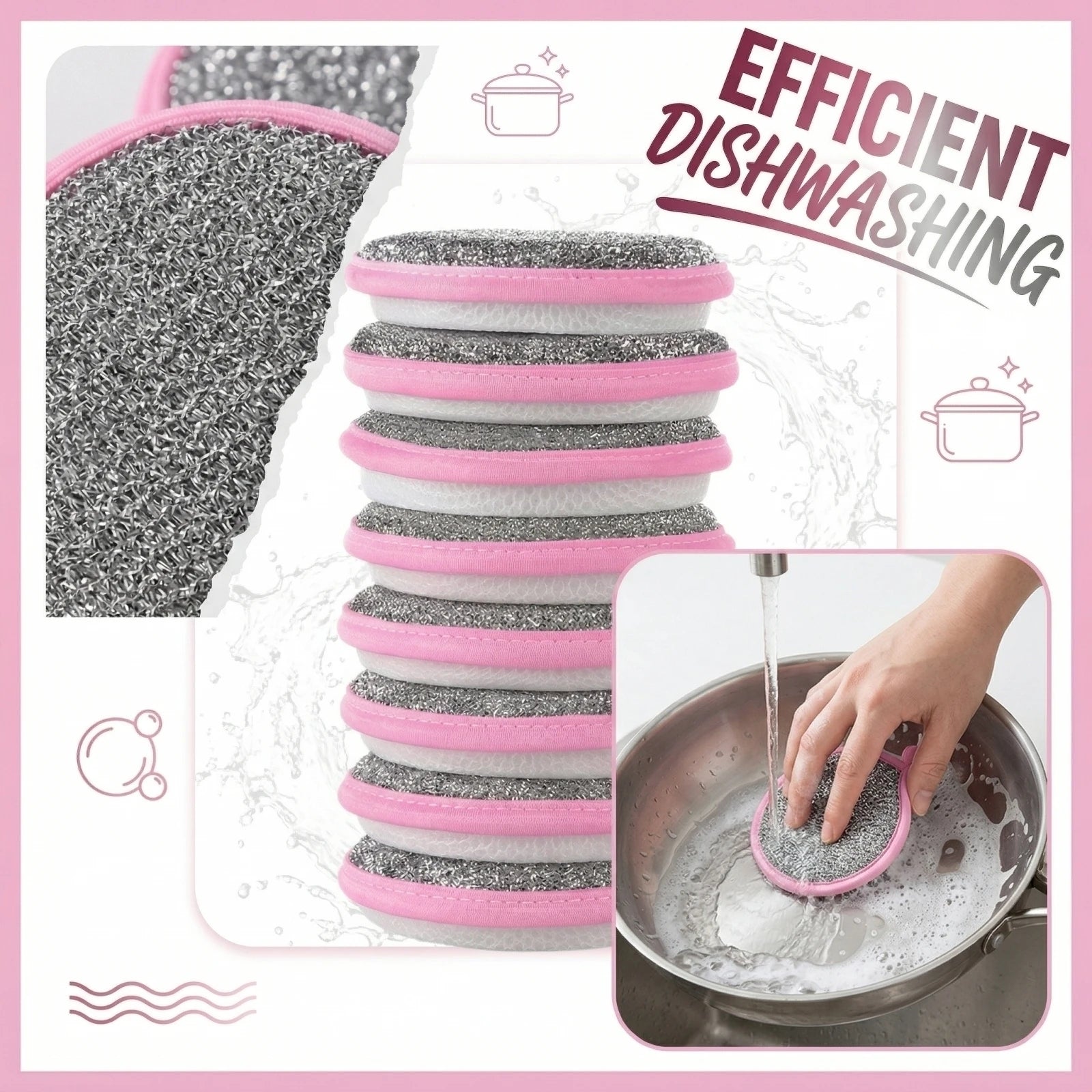 10PCS Kitchen Stain Removal Sponge Magic Wipes Clean Cotton Dishwashing Sponge Wipes Bathroom Cleaning Utensils Qme Pink One Size