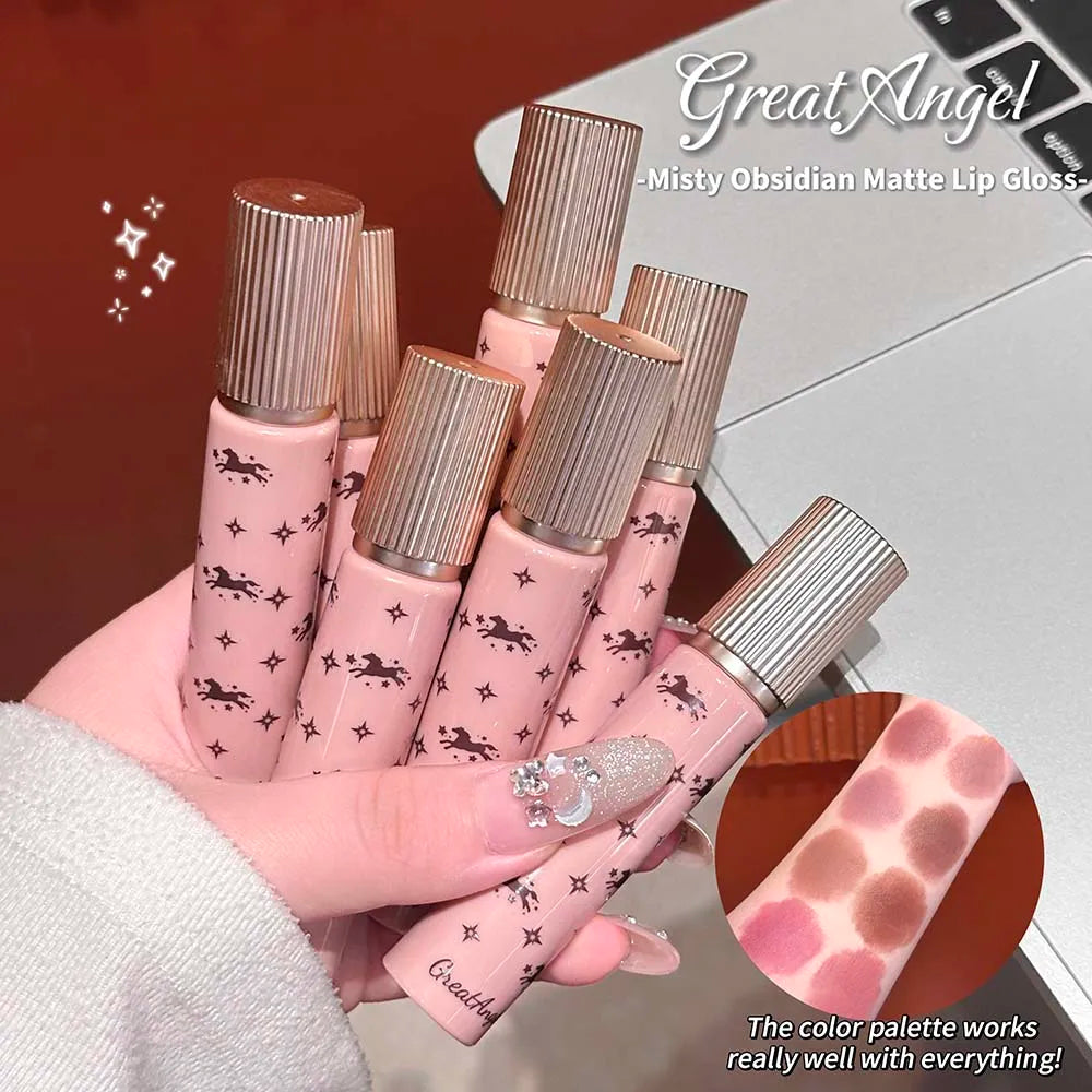 Shiny Matte Lipstick Moisturizing Lasting Pink Purple Sparkling Waterproof Nude Rose Lip Mud Glitter Makeup Cute Horse Pattern Qme
