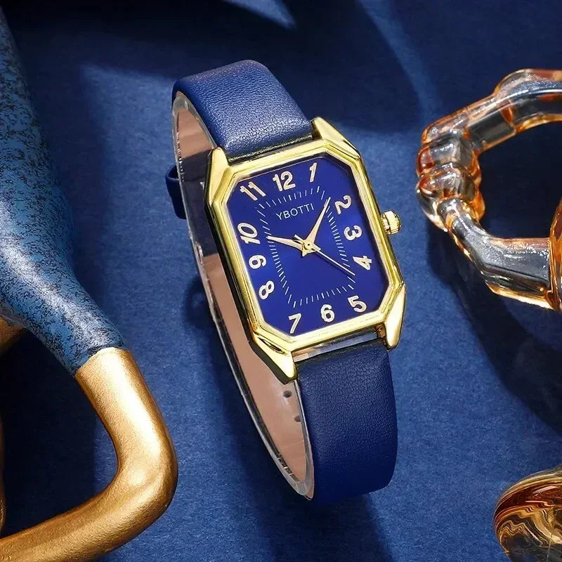 Luxury Fashion Square Women's Watches Brand Ladies Quartz Wristwatch Classic Simple Femme Blue Leather Band Relogio Feminino Qme