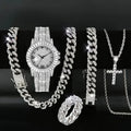 5pcs Foreign Trade Hot Men's Watch Set Hip Hop Full Diamond Quartz Watch Set Men's Business Quartz Watch Qme Silver