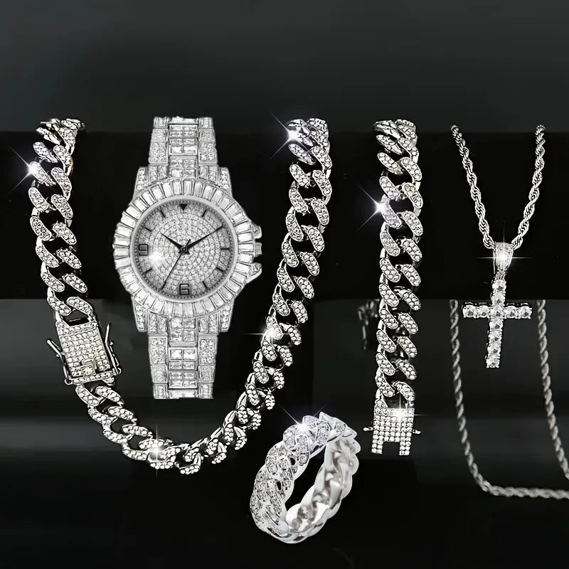 5pcs Foreign Trade Hot Men's Watch Set Hip Hop Full Diamond Quartz Watch Set Men's Business Quartz Watch Qme Silver