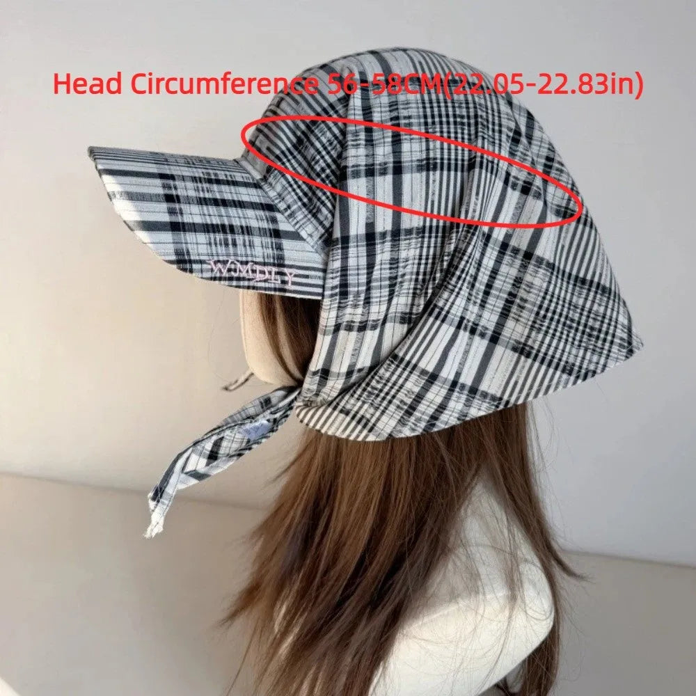 Contrasting Color Retro Plaid Sun Hat Retro Wide Brim Personalized Strap Cap Strap Adjustable Retro Plaid Turban Hat Qme