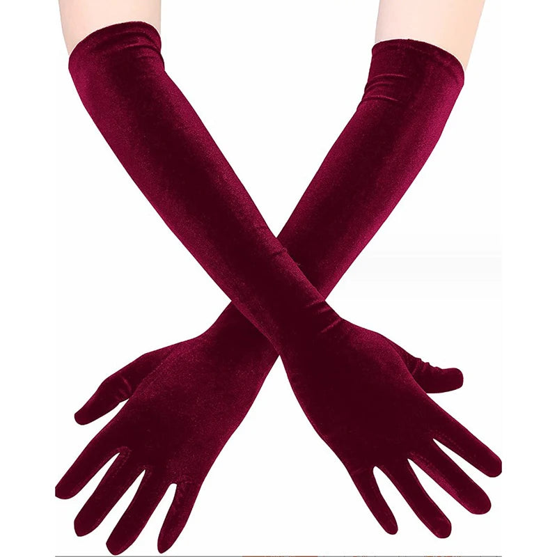 Women Velvet Long Autumn Winter Warm Black Evening Dress Etiquette Gloves Retro Style Banquet Accessories Elasticity Mittens Qme Burgundy one size
