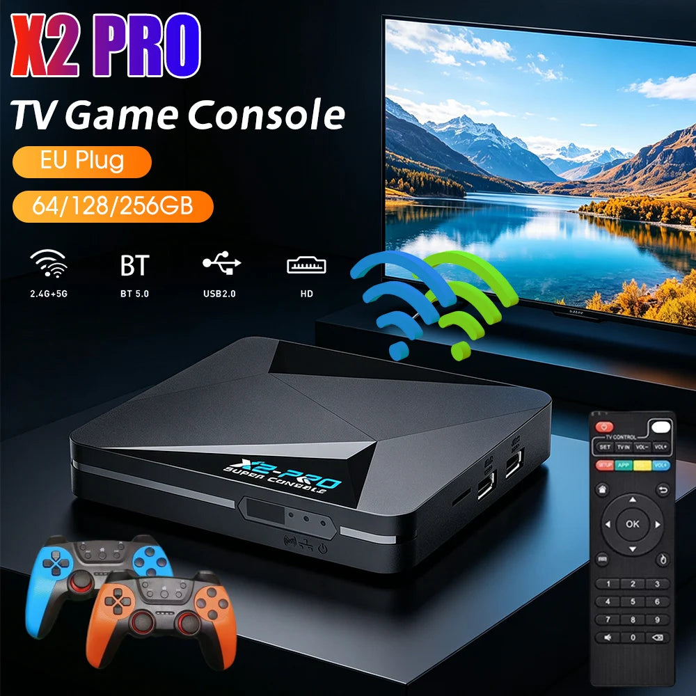 X2 Pro Retro Video Game Console TV Box 65000+ Games with 2 Gamepads Super Console 4K 60+ Game Emulators for DC/Arcade/MAME/Sega Qme