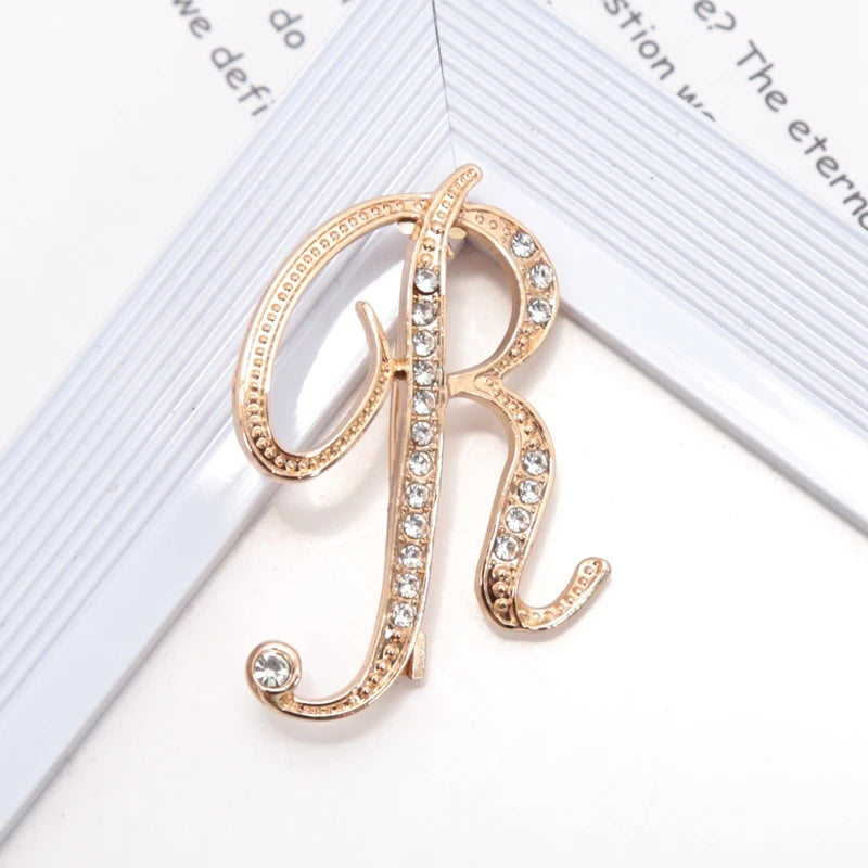 Women Luxury Letter Brooch Pins Gold Rhinestones Crystal English Qme R