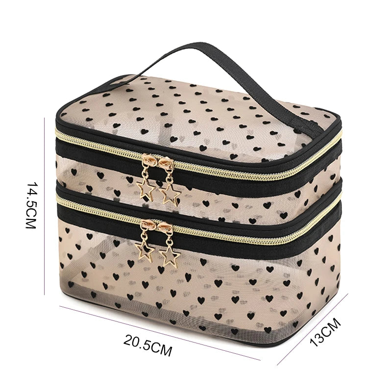 Women Toiletry Bag Double Layer Design Cosmetic Large Capacity Mesh Qme Black