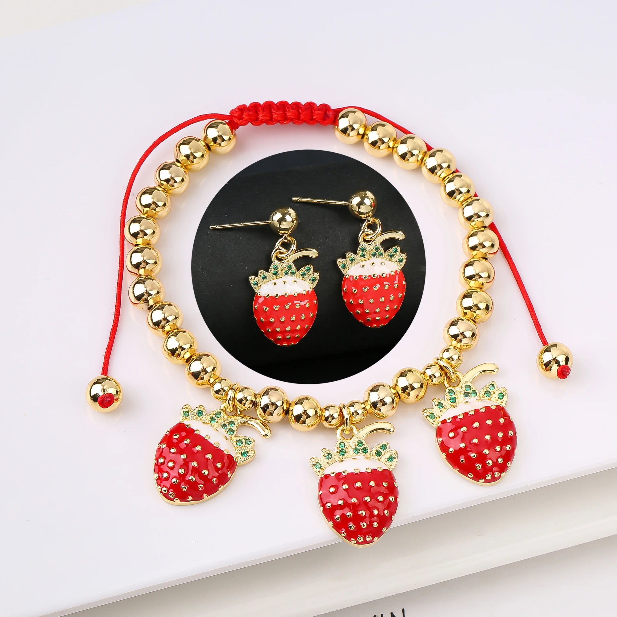 2PCS Trendy Red Cherry Strawberry Bracelet Earring Fruit Set for Women Casual Vacation Zirconia Jewelry Girls Lucky Gift Qme Jewelry Set 15