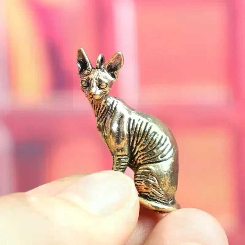 Solid Brass Hairless Cat Small Statue Desktop Ornaments Vintage Animal Figurines Model Lucky Home Decorations Crafts Accessories Qme