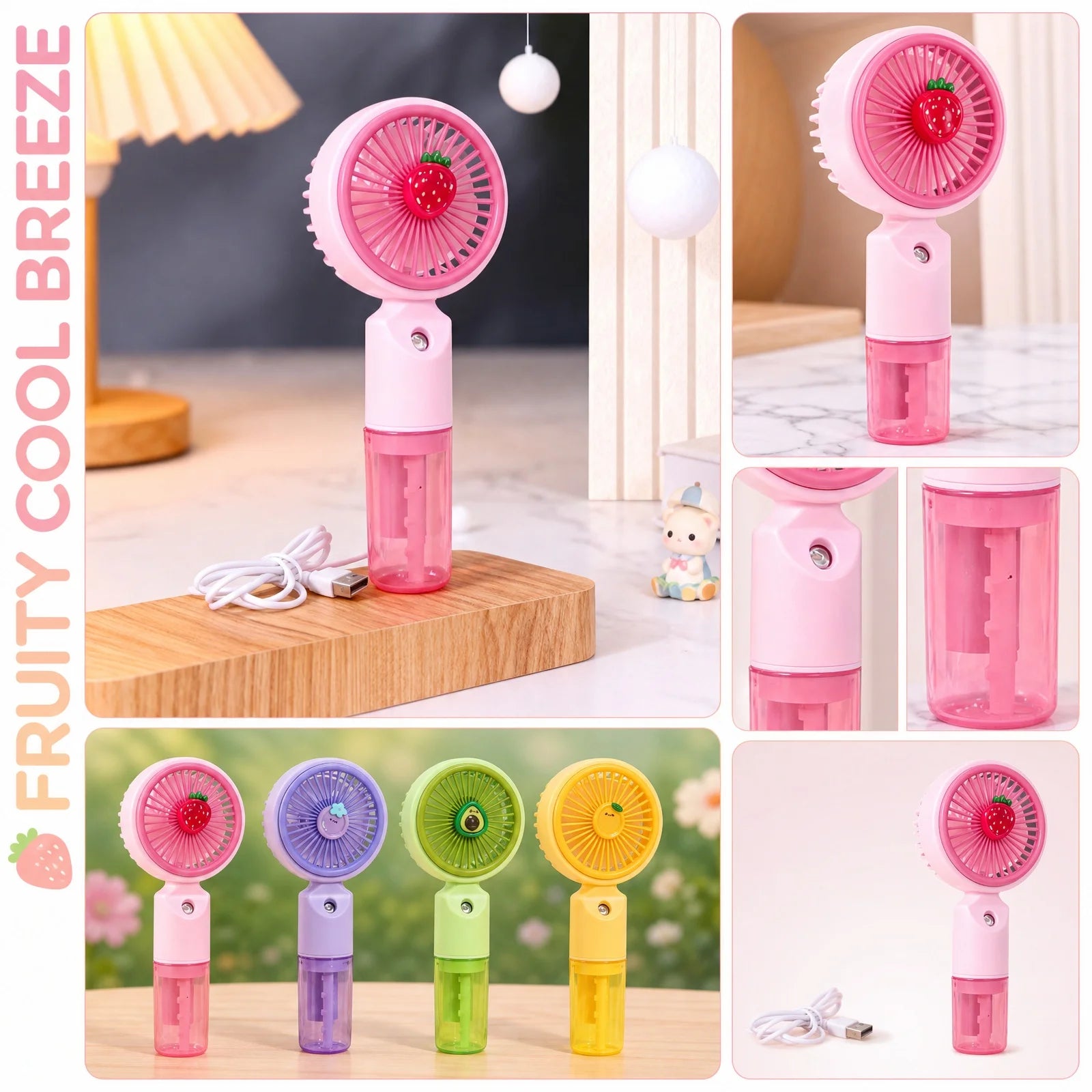 Cute Cartoon Fruit Handheld Spray Fan with 3 Speed Settings Perfect for Outdoor Travel Protable Mini Summer Daily Use Fan Qme