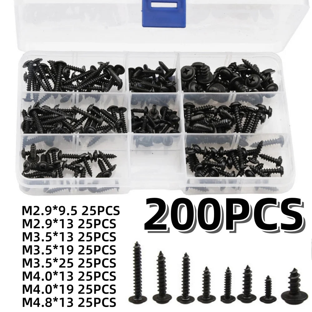 500/340/200PCS M3 Screw Cross Head M3/M4/M3.5/M4.8 Self Tapping Screw Black Carbon Steel Pan Head Round Head Screw Combination Qme Type1-200pcs