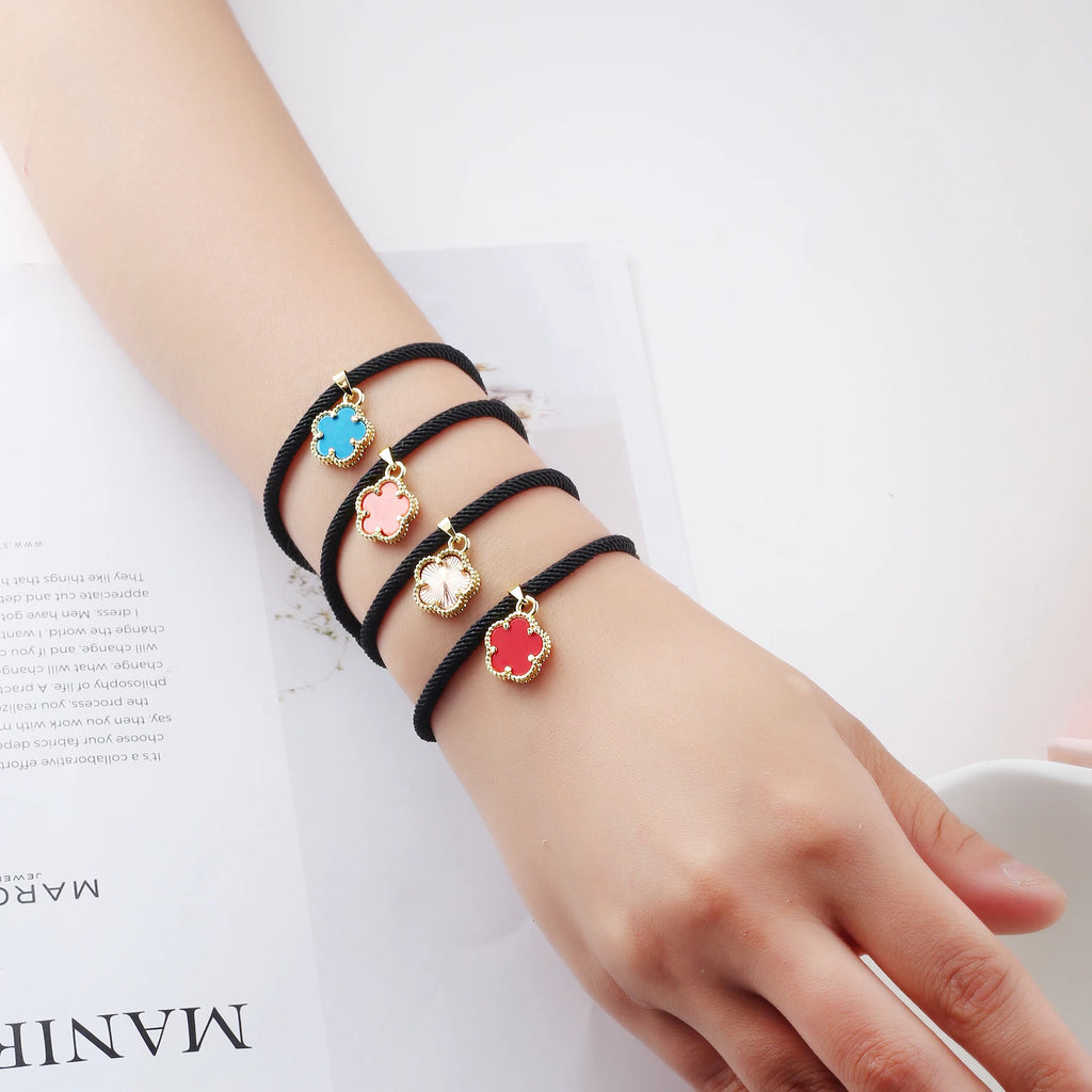 Simple Black Rope Braided Natural Stone Five Leaf Flower Bracelet Classic for Woman Girl High Quality Party Jewelry Gift Clover Qme