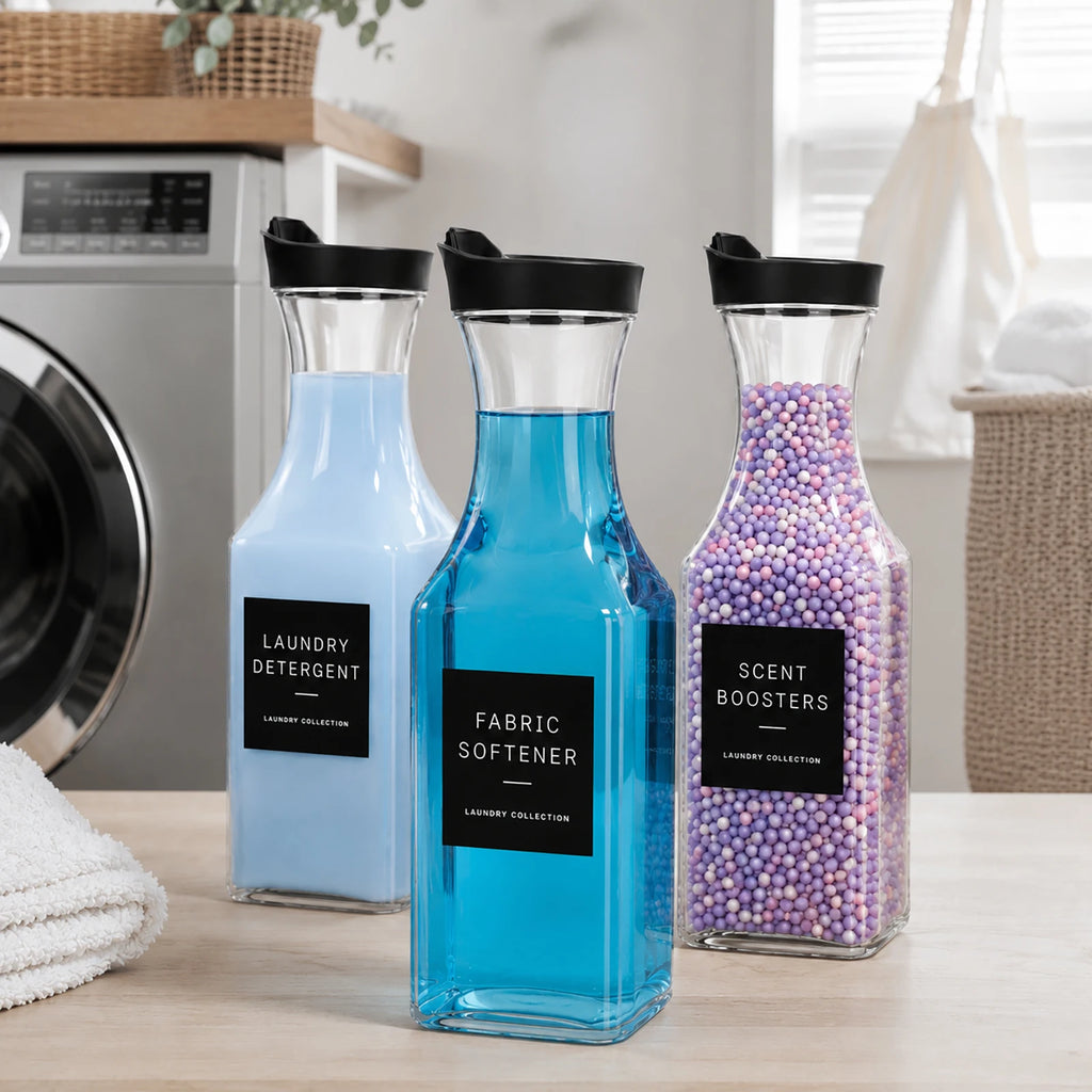 3Pack Clear Laundry Room Containers Laundry Soap Dispenser Bottle Set for Liquid Detergent Scent Boosters Softener Qme