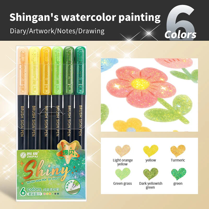 6Pcs Shiny Glitter Calligraphy Markers, Colorful Fluorescent Drawing Pens for DIY Painting Art Craft Stationery Supplies Qme black pen holder B