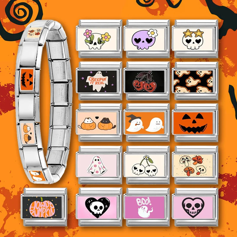 2025 Fashion Halloween Pumpkin Ghost Dark Style Italian Charm Link Stainless Steel Module Bracelet DIY Making Jewelry for Couple Qme