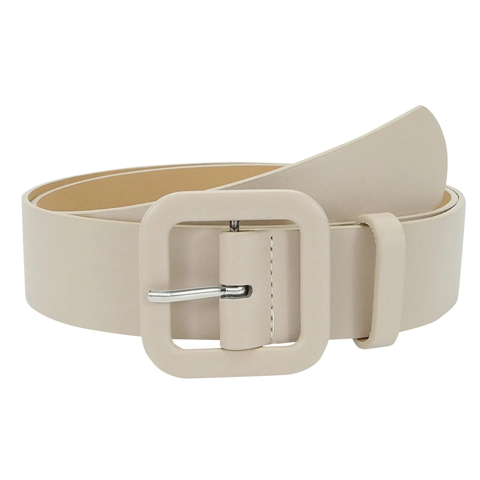 Ladies' Square Buckle Candy Colored Decorative Belt Fashionable Casual Versatile PU Leather Wide Belt Daily Dress Up Accessories Qme Beige