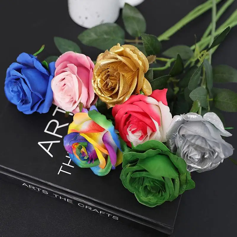 Colorful Realistic Touch Artificial Roses Flowers Rainbow Lifelike Silk Roses Flowers Non-Fading Plastic Fake Flowers Qme