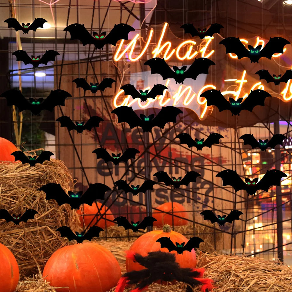 Glowing Eye Bat Pendant Halloween Decoration Spider Luminous Bat Outdoor Party Courtyard Wall Decoration Hanging Tree Ornaments Qme