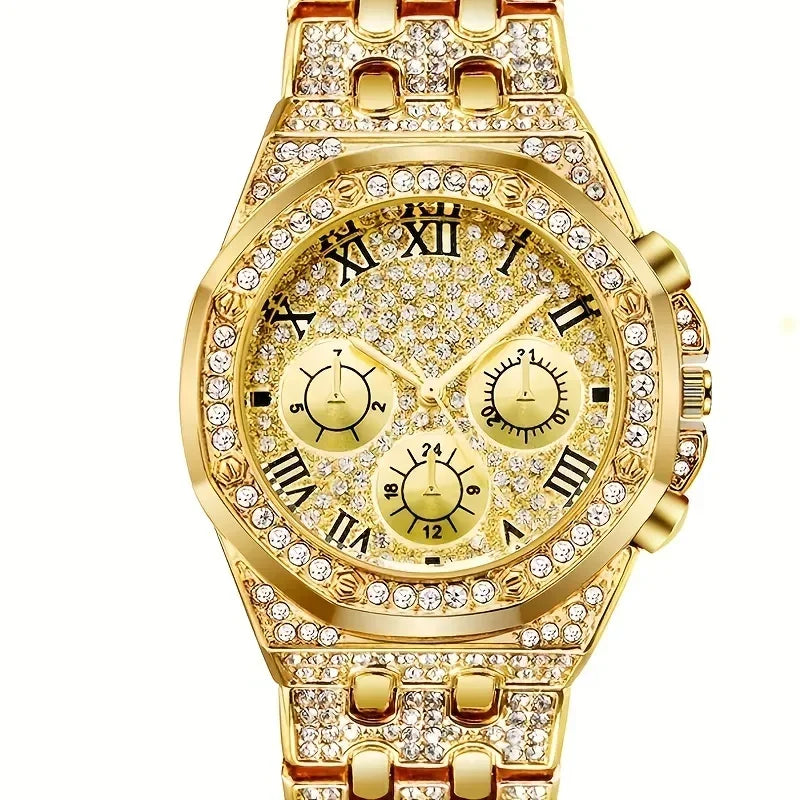 Gold Plated Full Diamond Chronograph Watch + Cuban Link Bracelet, Men's Fashion Bling Jewelry Set for Party/Streetwear Qme