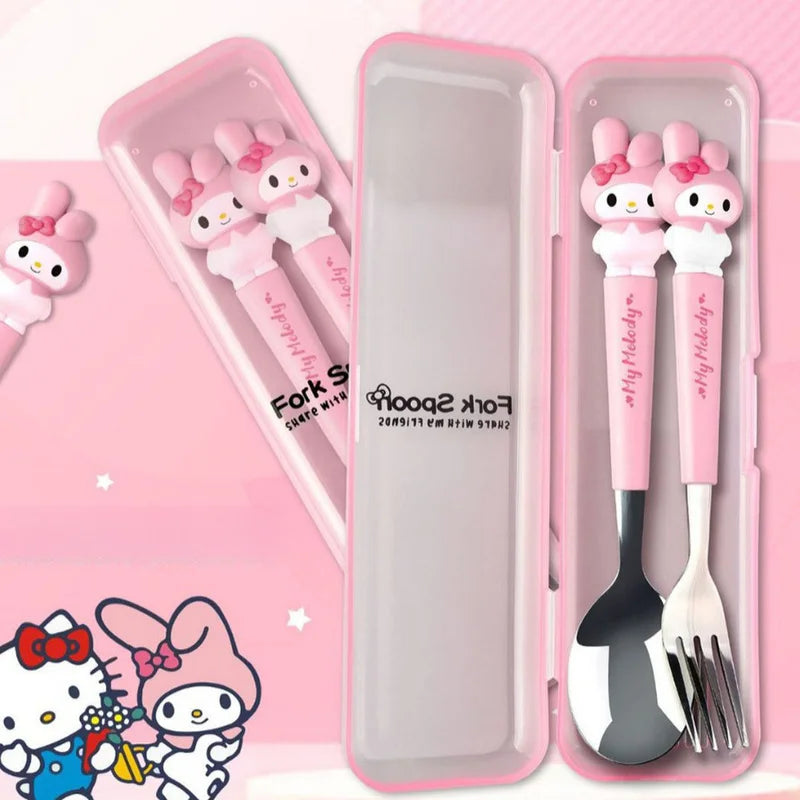 Hello Kitty Kuromi 304 Stainless Steel Cutlery Set Cute Cartoon Portable Cutlery Set with Chopsticks and Spoon Qme