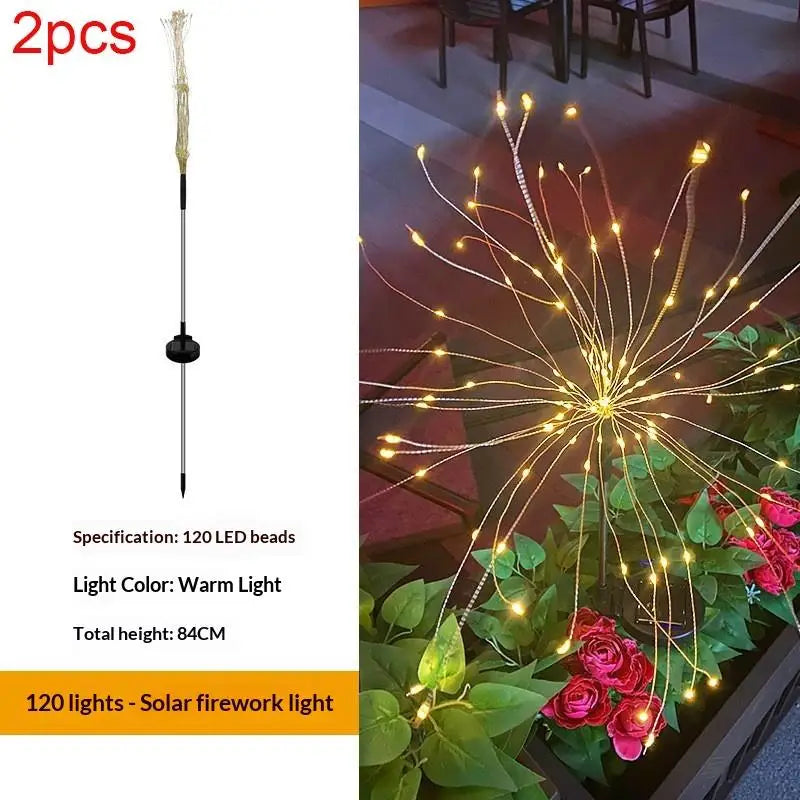 Outdoor Waterproof LED Solar Firework Lights Waterproof Garden Stake Fairy Lights For Pathway Yard Balcony Lawn Patio Qme 2pcs