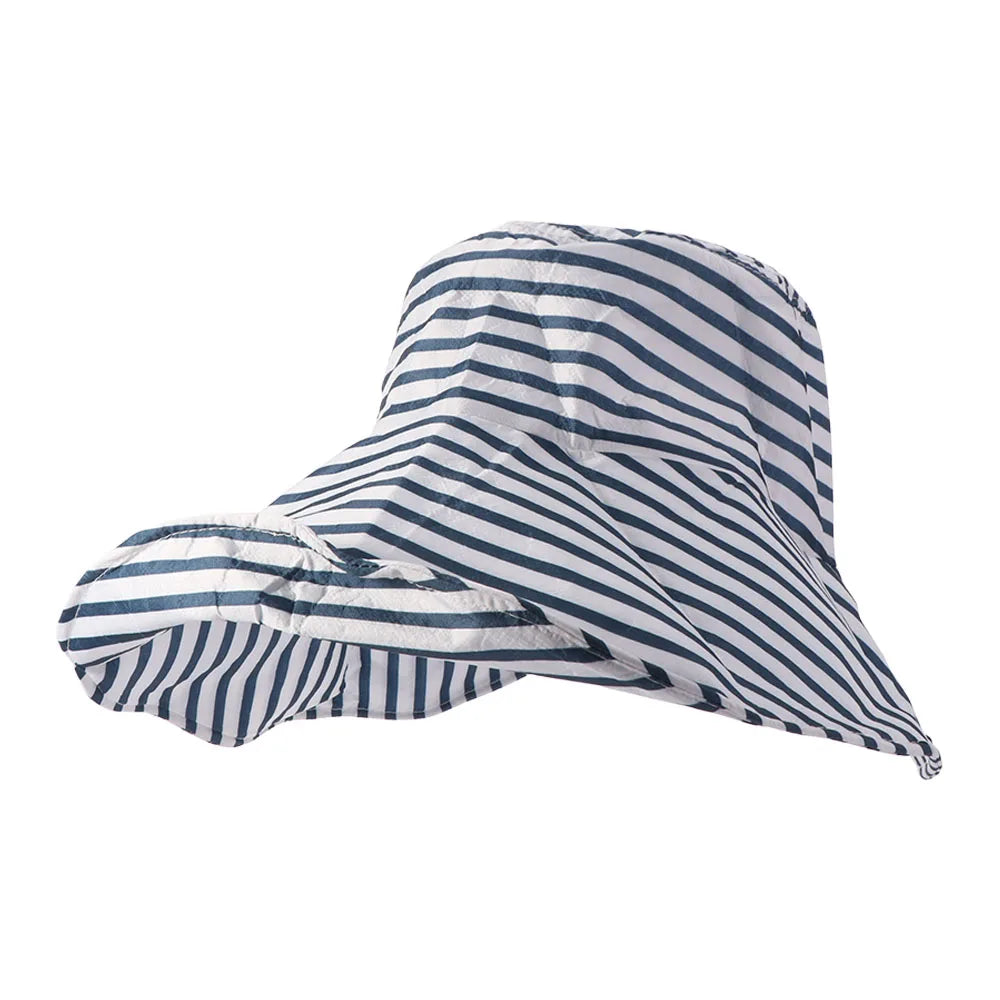 Simple Striped Bucket Hat Widened Brim Sunshade Foldable Beach Sun Cap Lightweight Cloth Roll Edge Fisherman Hat Vacation Qme Blue and White