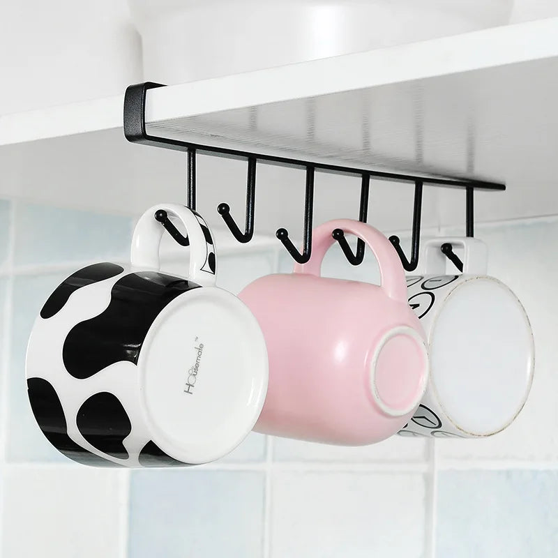1PC Perforation-Free Wrought Iron Cabinet Storage Rack Wardrobe Kitchen Organizer Multi-Functional 6 Hook Hook Qme Black