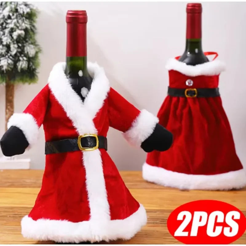 2PCS Christmas Wine Bottle Cover Velvet Dress Clothes Set Wine Bottle Ornaments Bag Xmas Party Dinner Table Decoration Gifts Qme