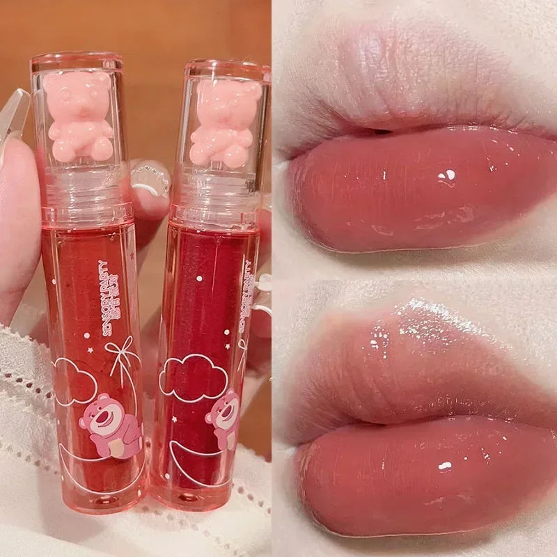Cute Pink Bear Water Light Lip Gloss Lasting Crystal Glossy Lip Glaze Mirror Nude Liquid Lipstick Women Lips Makeup Cosmetics Qme