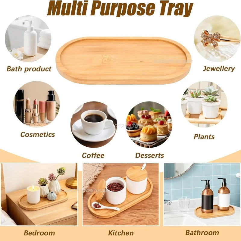 Eco-Friendly Bamboo Tray Non-Slip Multi-Functional Wood Saucer for Coffee Tea Dessert Snack Home Hotel Bathroom Living Room Qme