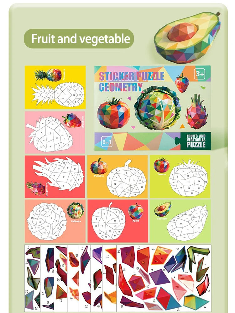 3D Puzzle Stickers DIY Craft Kits Animal Collage 5 Themes Back-to-School Gift Creative Educational 9-PCS Kit with Clips Qme Fruits and vegetable