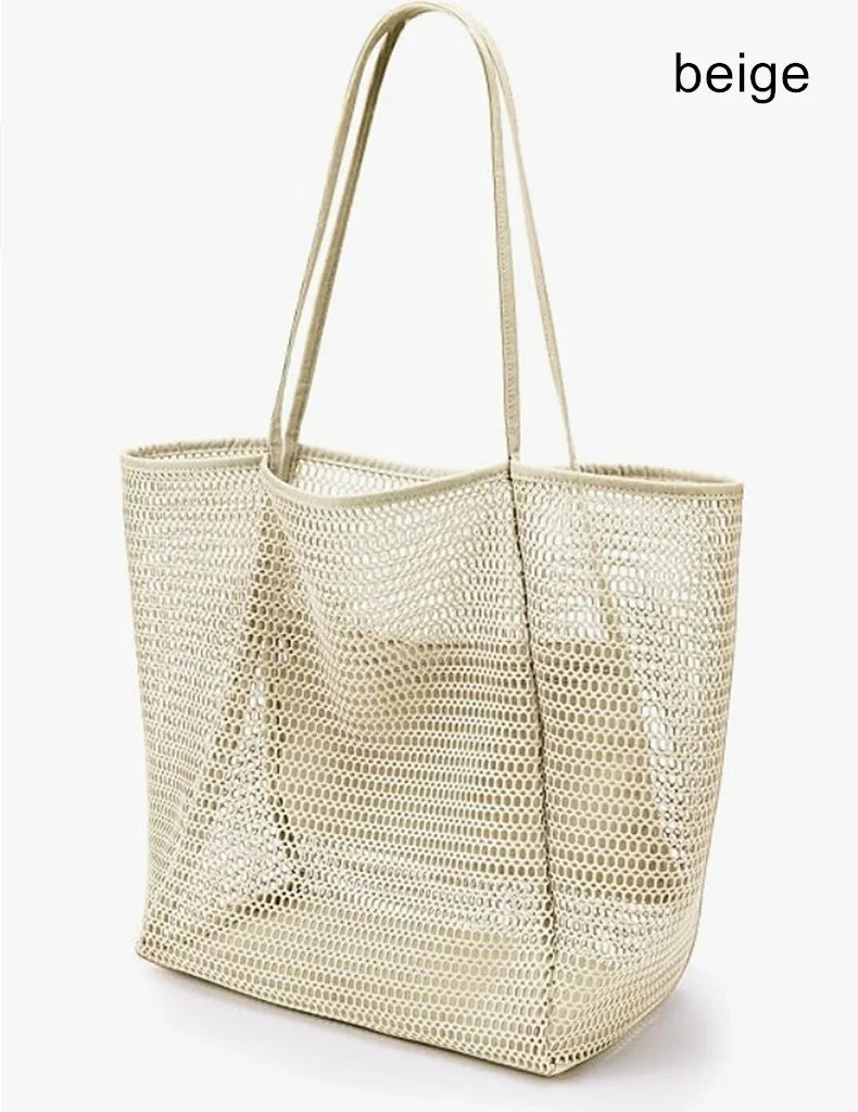 Expandable Mesh Beach Bag Women Foldable Crossbody Tote Spacious Qme Beige