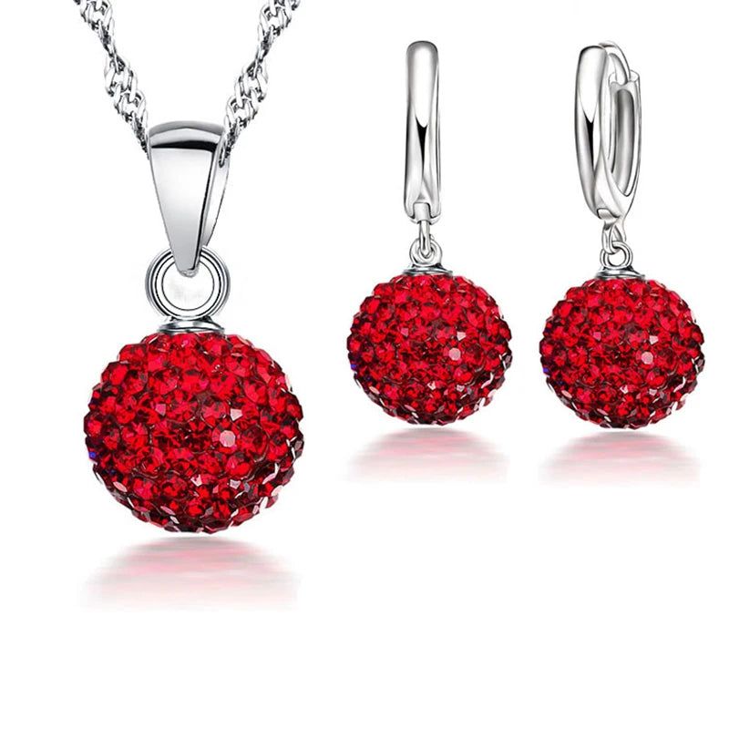 925 Sterling Silver Stamped Bridal Jewelry Sets Women Girls Wedding Gifts Austrian Crystal CZ Disco Ball Necklace Hoop Earrings Qme