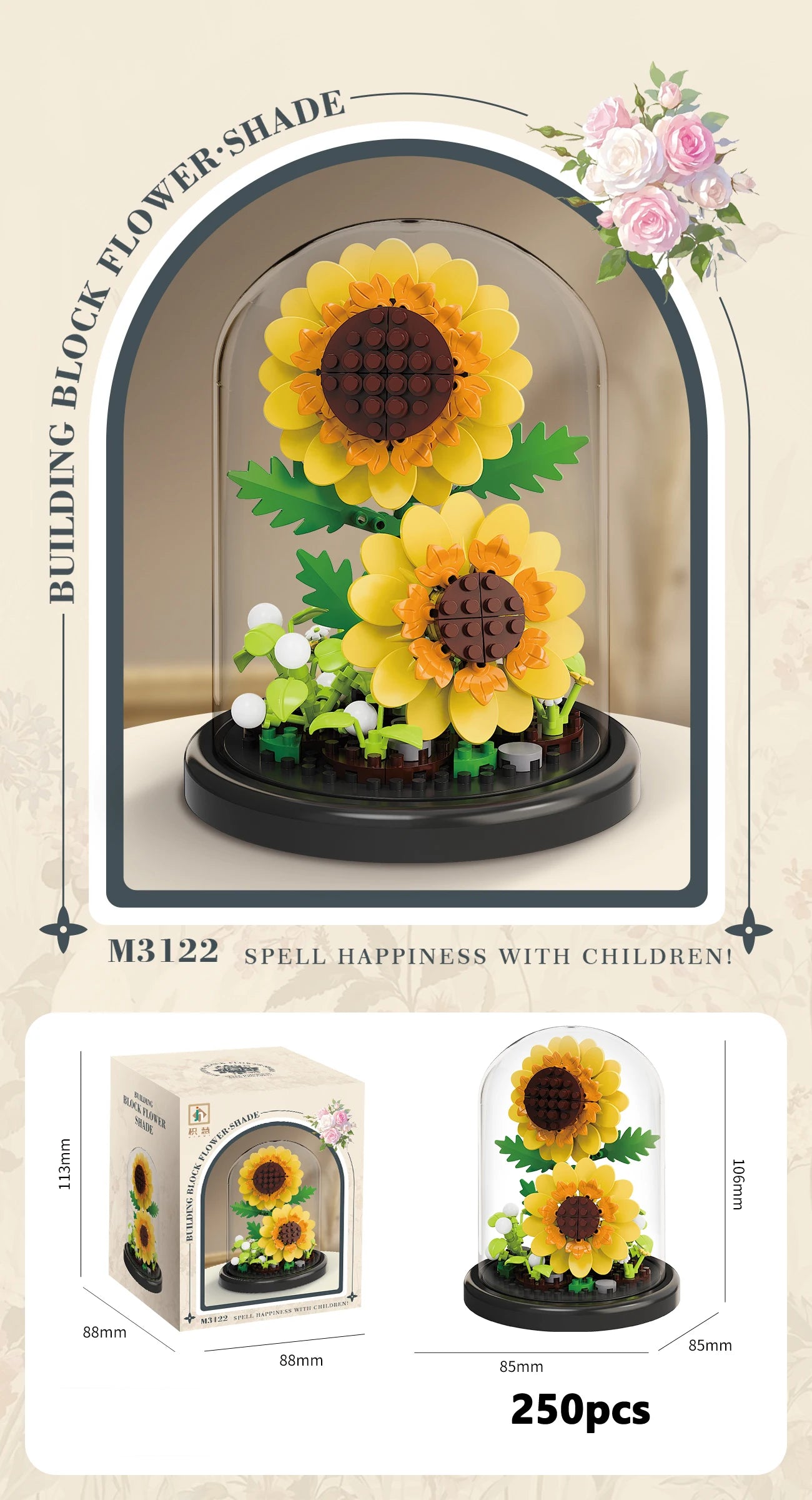 Eternal Flower Bouquet Bonsai Potted Plant Micro Building Blocks Model Home Decoration Puzzle Toys Kids Birthday Christmas Gifts Qme 3122-With Cover