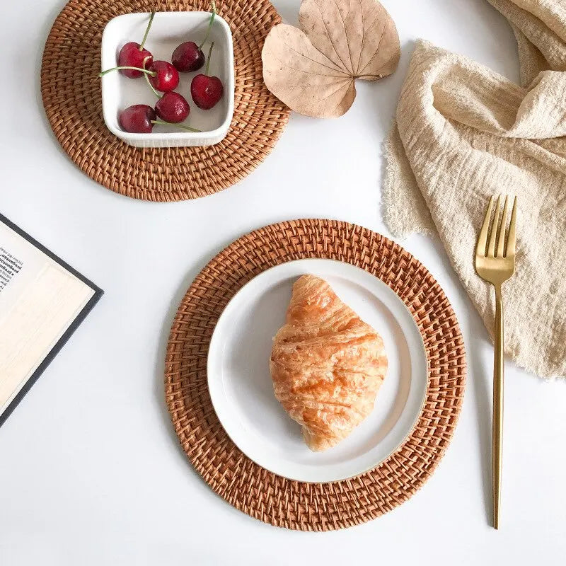 Placemat Pad Coasters Kitchen Table Mats Rattan Coaster Bowl Mats Padding Mat Insulation Pad Round Placemats Woven Hand-made Qme