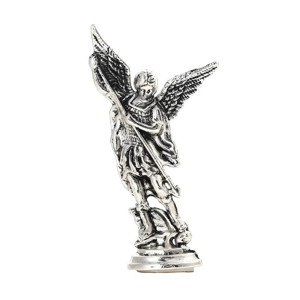 Christian Saint Michael FigurineThe Archangel Defeating Satan Guardian Statues Zinc Alloy Ctafts For Home Room Tabletop Desktop Qme Steel gray