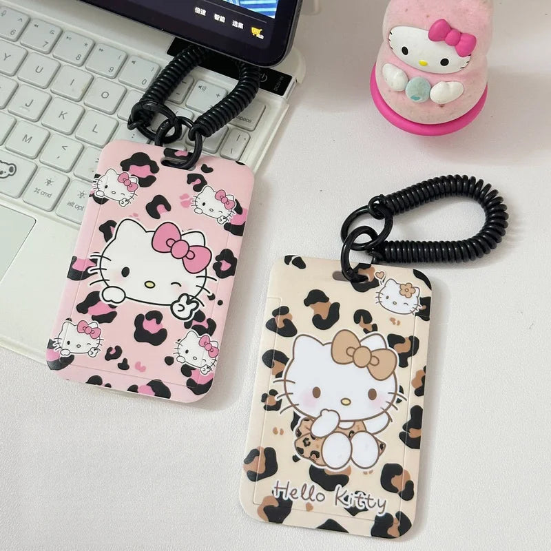 Hello Kitty Leopard-Print Cat Card Holder Student Campus Meal Card Water Card Access Card Lanyard, Neck Strap, and Keychai Qme
