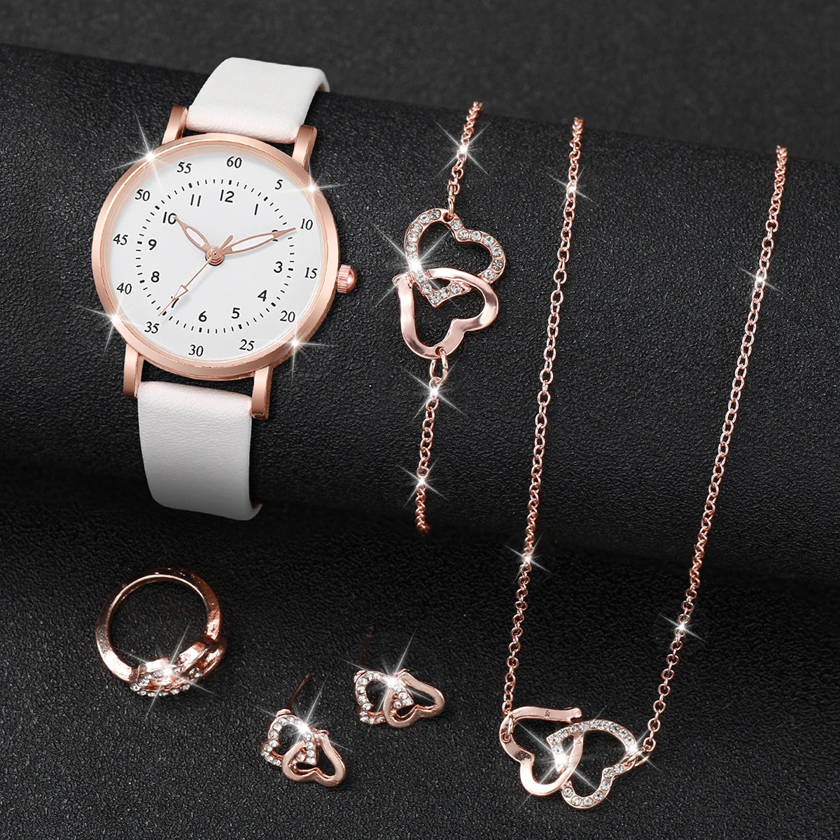 6PCS/Set Women's Quartz Watch Fashion Arabic Dial Leather Band Quartz Watch Jewelry Set（Without Box） Qme B No
