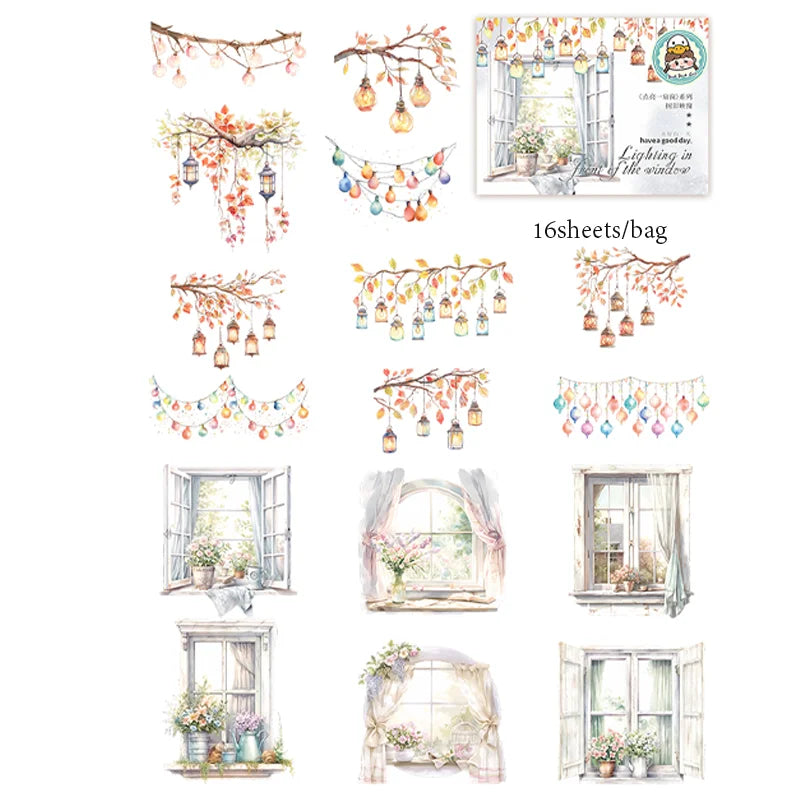 16 Sheets/Bag Window Frame Light Fringe PET Stickers Pack for Scrapbook Journal DIY Planner Phone Case Notebook Decoration Gift Qme 6