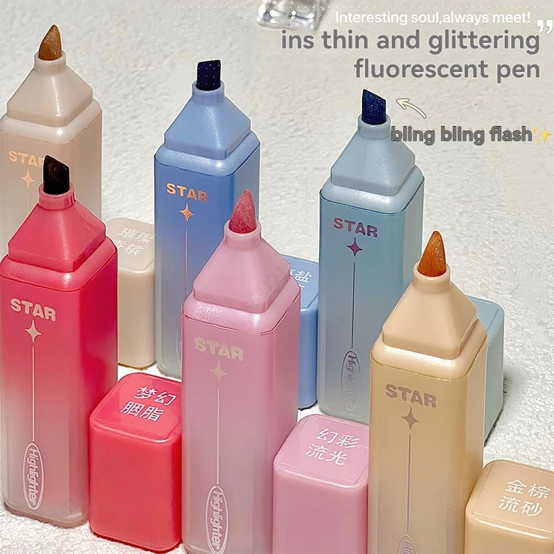 6 Pack Glitter Highlighters,Assorted Colors, Chisel Tip Aesthetic Highlighters, Ins Cute Markers Qme