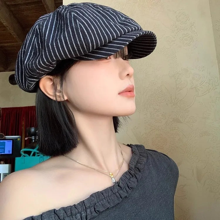 Ladies' Summer Breathable Thin Striped Cotton-linen Beret Qme black One Size