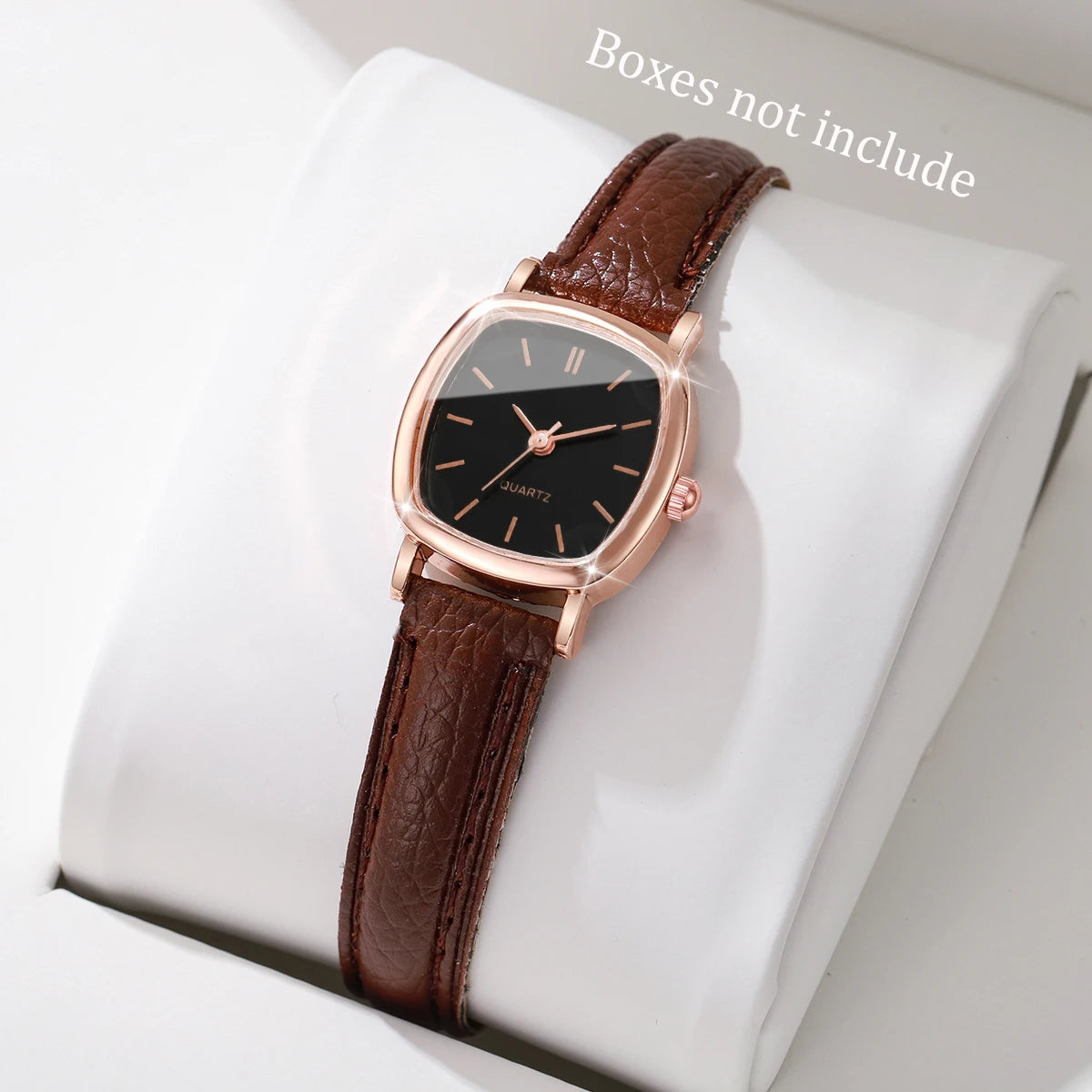 Women's Minimalist Square Quartz Watch, Rose Gold Tone Case with Brown Leather Strap, Casual Fashion Accessory Qme D Without Box