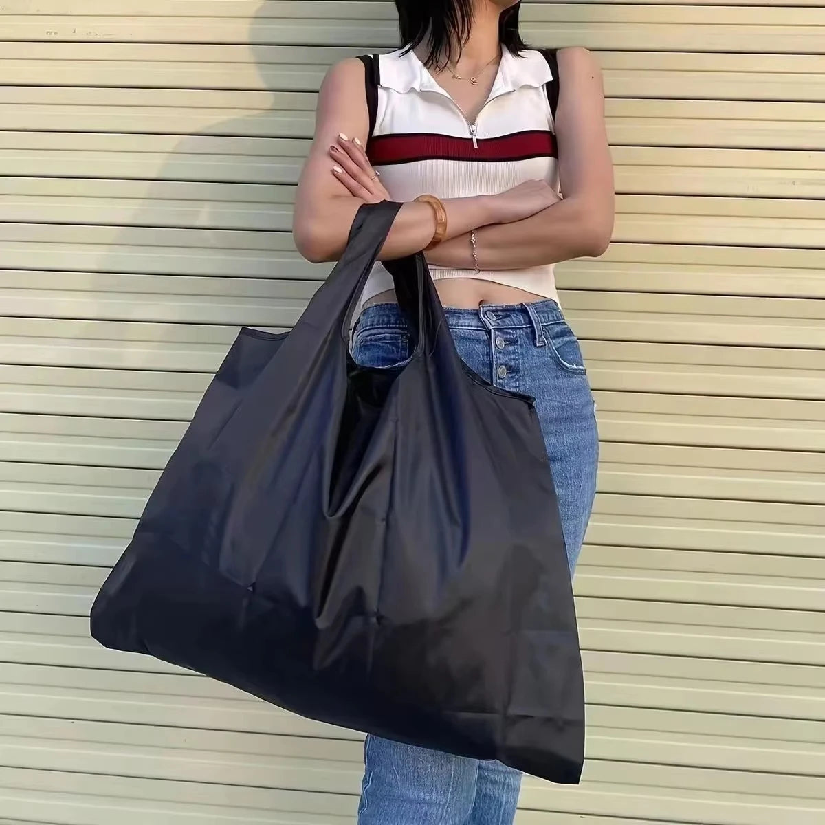 Women Large Capacity Folding Shopping Bag Big Size Portable Grocery Organizer Reusable Nylon Shoulder Handbags Tote Bag Qme
